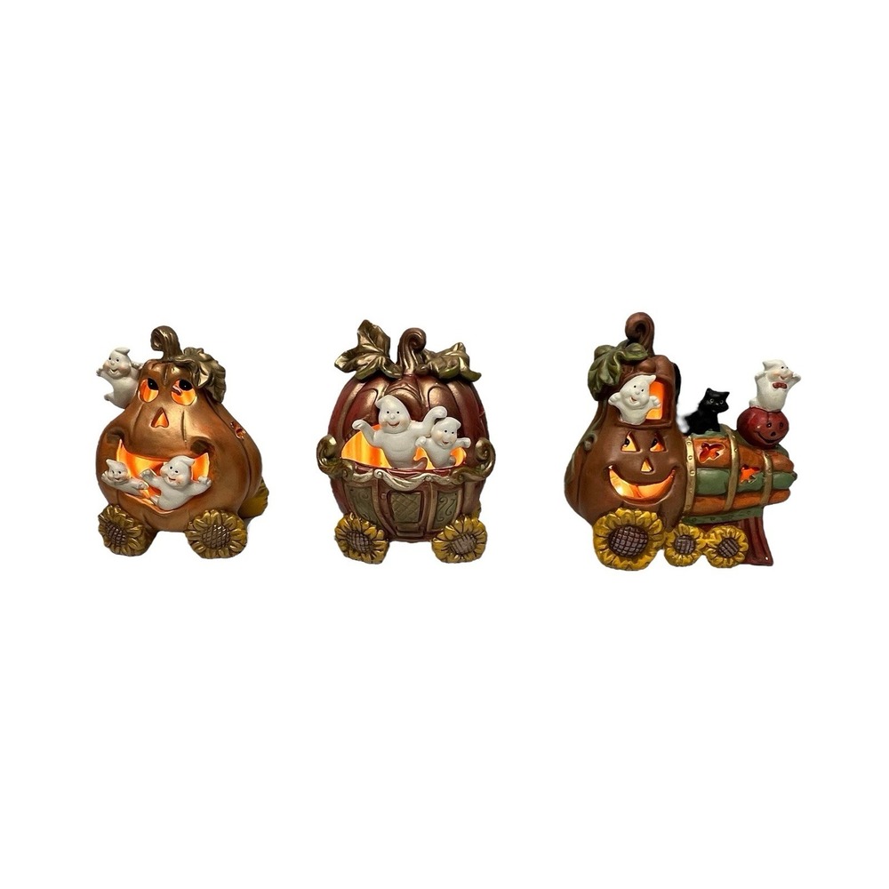 Halloween Light Up Train Decor Set Pumpkins Ghost Sunflowers W/ Box Spooky Cute - Picture 6 of 16
